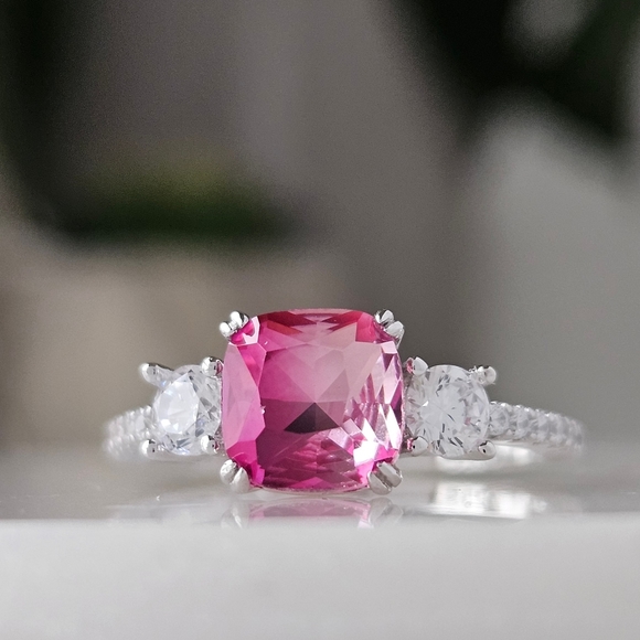 Pink Topaz Cushion Square Gemstone Ring, 925 Sterling Silver Charmed Aroma - Picture 3 of 6